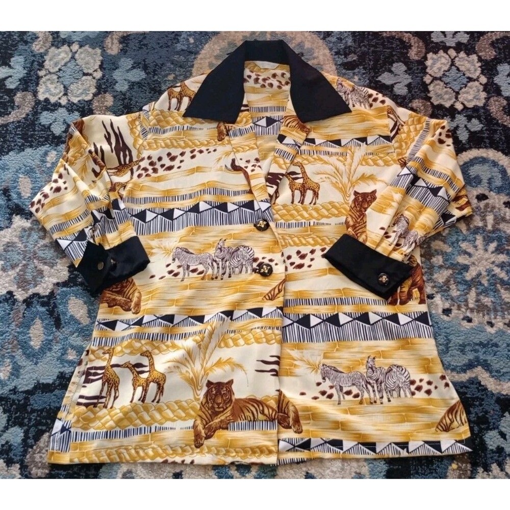 Vtg La Mode Safari Blouse Button Up Sz XL Boho Animals Jungle Retro